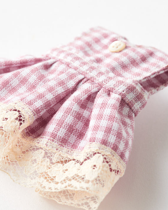 Gingham Pink Apron Dress with Vintage Button and Lace Hem