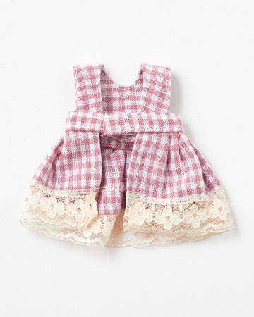 Gingham Pink Apron Dress with Vintage Button and Lace Hem