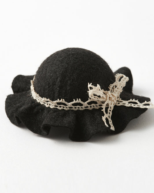 Handmade Black Felted Hat with Vintage Lace